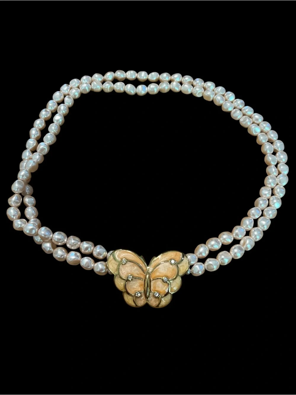 Vintage KJL for Avon Pearl & Peach Enamel Butterfly Necklace